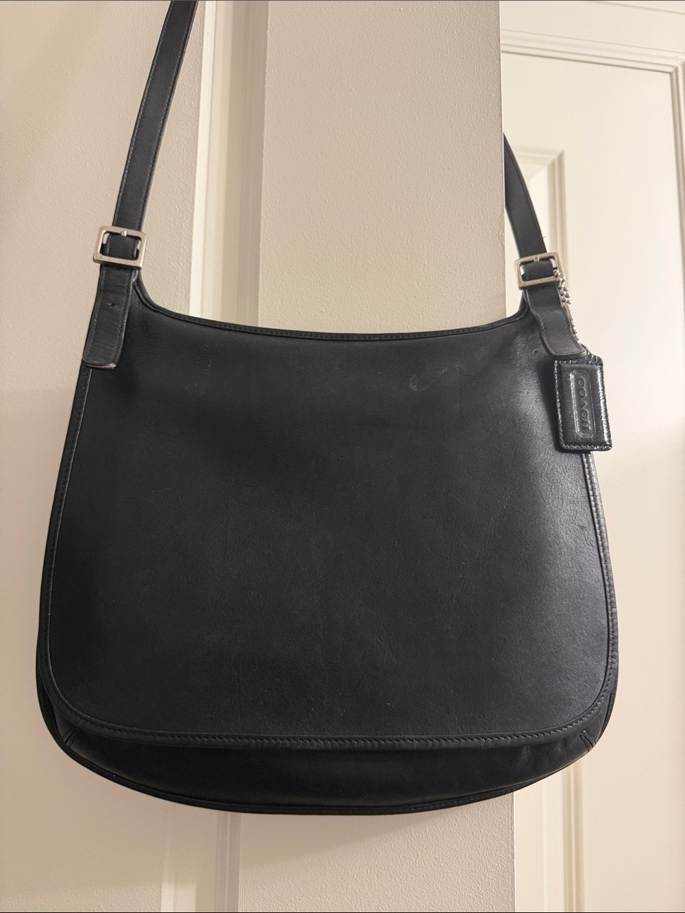 Coach Hippie Flap Black Leather Cross Body Saddle Bag with Leather Hang Tag